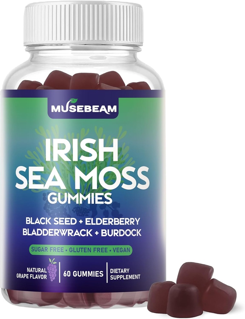 Irish Sea Moss Gummies - met Black Seed Vlierberry Bladderwrack Burdock Kurkuma Omega-3 Vitaminen C D3 Zink - Seamoss Supplementen voor Volwassenen Vrouwen Mannen - Suikervrije Glutenvrij Veganistisch