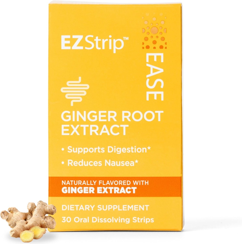 Ease Supplement - Gembersmaak, 30 Tellen - Oplossen Strips met Gemberwortel Help Ondersteuning Misselijkheid Relief, Morgen en Beweging Ziekte, en Digestie - Gemaakt in de VS, Suiker en Glutenvrije