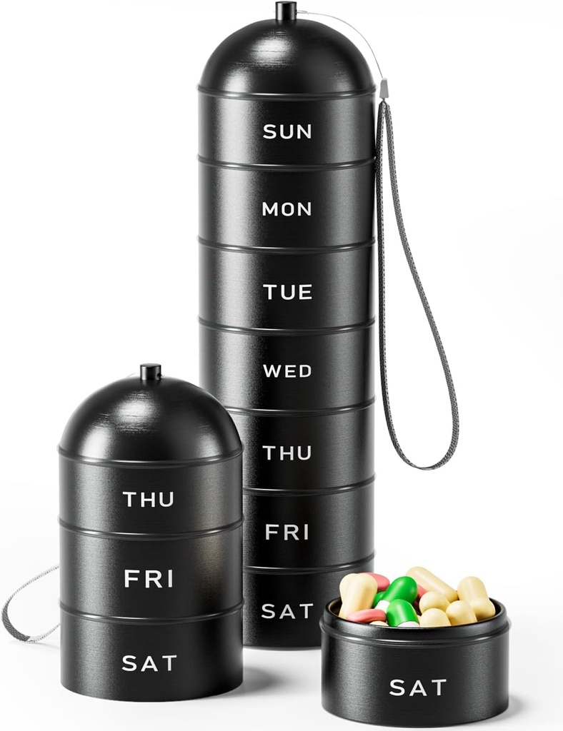 Metal Pill Organizer Weekly - Betife Stapelbare waterdichte Travel Pill Box, Portable Aluminium Legering 7 dagen Pill Case, Vocht Proof BPA Gratis pil Container te houden Geneeskunde, Vitaminen, Supplementen