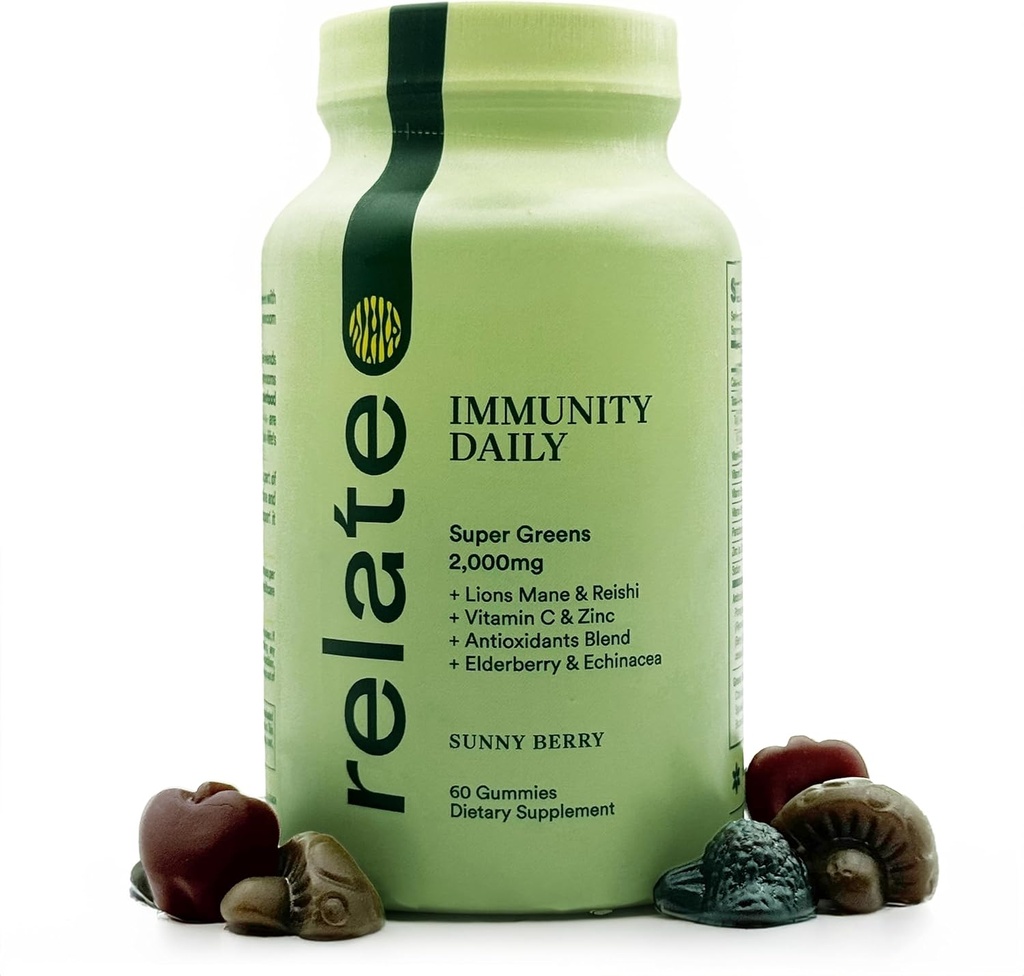 relat Immunity Daily Gummies - Super Greens, Lion's Mane & Reishi, Vitamine C & Zink, Antioxidant Blend with Elderberry & Echinacea - Sunny Berry Flavor, 60 Count