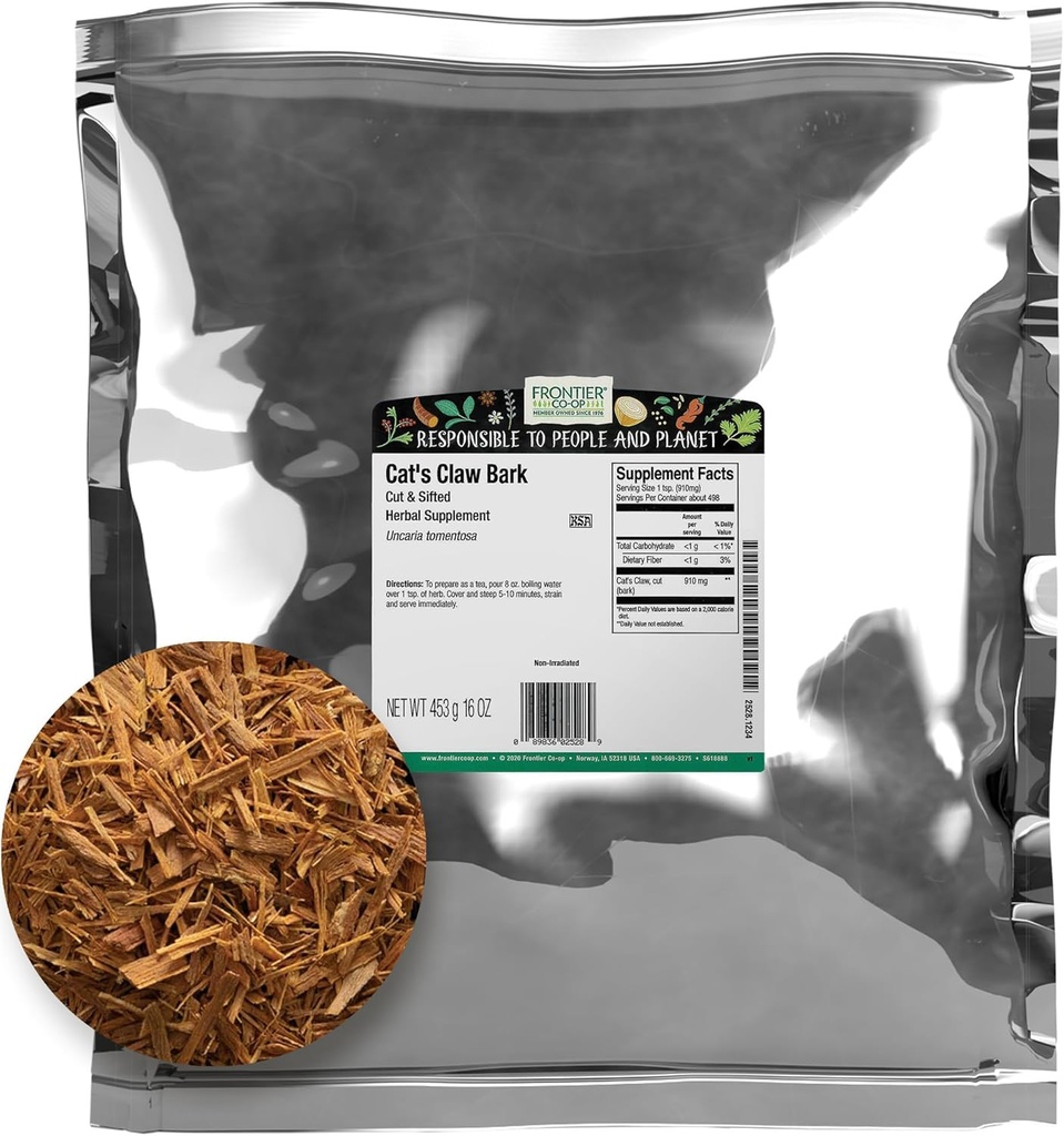 Frontier Co-op Cat's Claw Bark, 1lb Bulk Bag, Cut and Sifted - 100% Pure & Natural Cat Claw Herb, Ideaal voor Thee, Tinctuur en Kruidengebruik, Kosjer