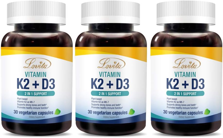 Lovita Vitamine K2 + D3, 400 IE Vegan Vitamine D3 & 120 mcg Vitamine K2 (MK-7), 2 in 1 Formule, Immuun Vitamine Complex, ondersteunt uw hart, tanden en immuunfunctie, 30 Vegetarische Capsules (verpakking van 3)