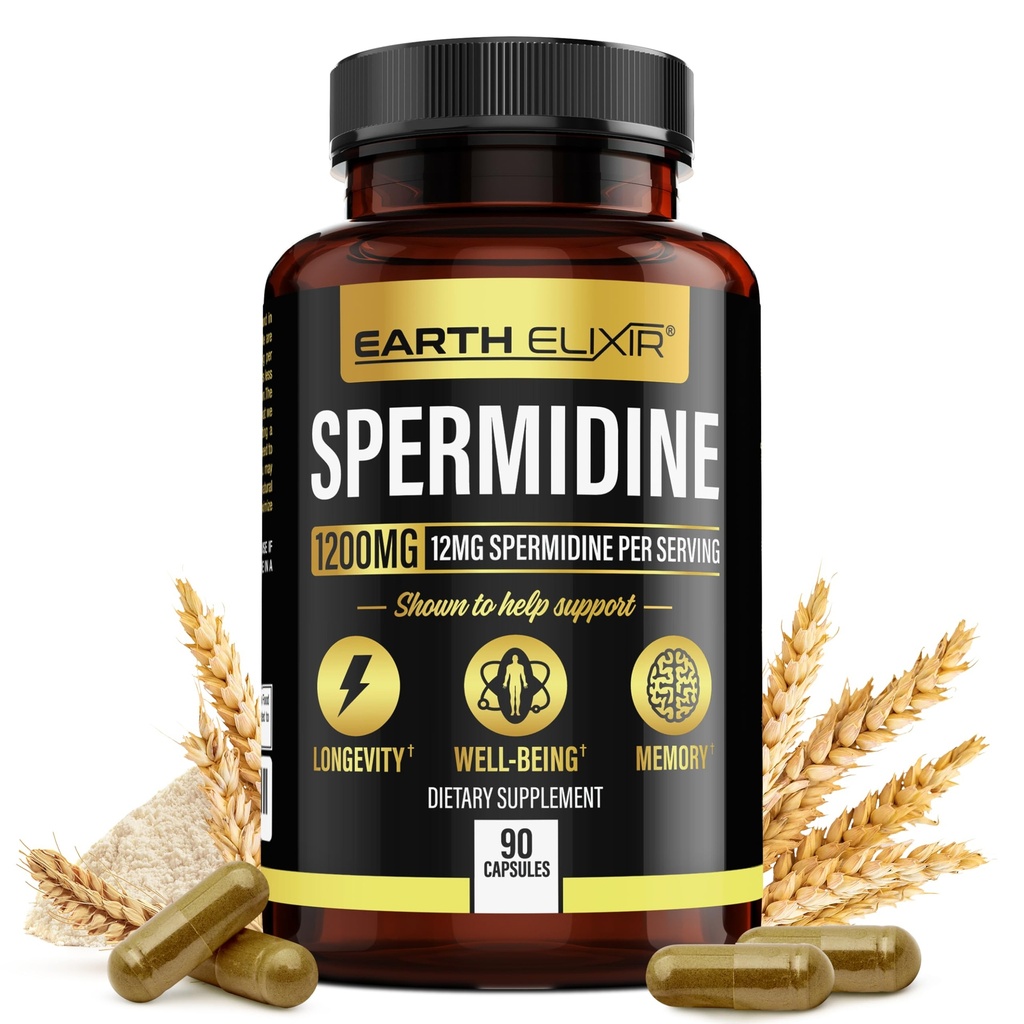 Earth Elixir Spermidine Supplementen 1200mg (90 Capsules) Anti Aging - 3rd Party Tested (12mg Spermidine Powder) Max Purity - 100% Pure Espermidina- Gefermenteerd Tarwekiemextract - NMN Alternatief