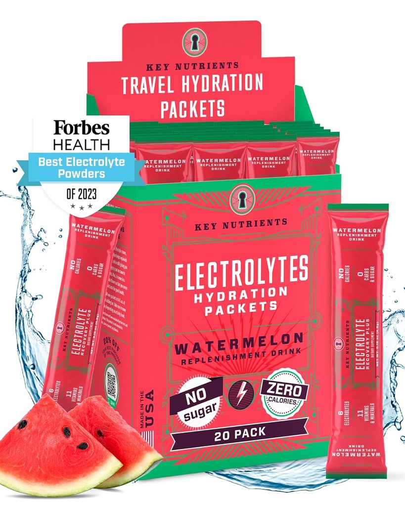 KEY NUTRIËNTEN Electrolyten Poeder Paketten - Verfrissende Watermeloen 20 Pack Hydration Packets - Travel Hydration Powder - No Sugar, No Calories, Glutenvrij - Made in USA