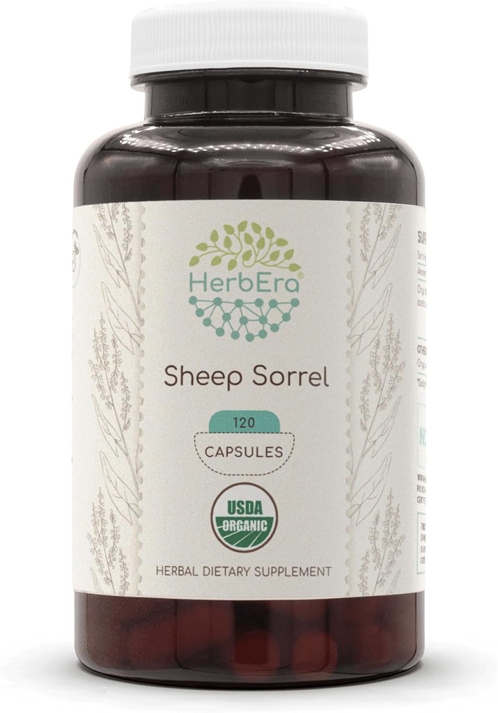HerbEra Sheep Sorrel USDA Organic 120 Capsules | Natural Herbal Supplement | Certified Organic Vegetarian Capsules and Organic Sheep Sorrel (Rumex Acetosella) Dried Herb (120 Capsules)