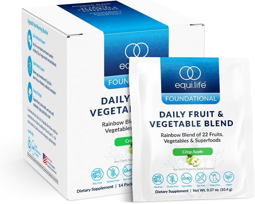 Equilife Daily Fruit & plantaardige Blend, Superfood Antioxidant Supplement, Crisp Apple smaak met vitamine C, vezels, en 9 essentiële aminozuren, ondersteunt energie, Vegan, 14 Single Serve Packets