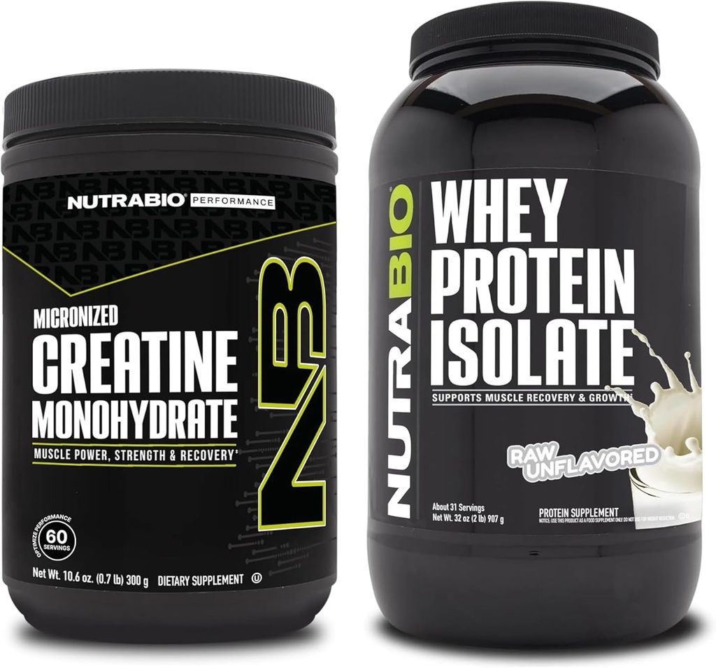 NutraBio Creatine Monohydraat, Unflavored, 300g en Wei Proteïne Isolaat, Unflavored, Supplement Bundle - Spierenergie, Lean Spiergroei, Herstel, en kracht