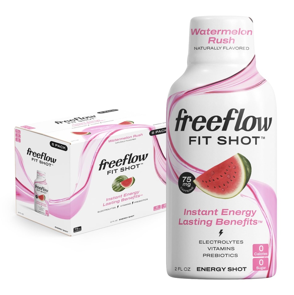 Freeflow Fit Energy Shots, Watermeloen Rush, Natural Cafeine Boost met L-theanine, Ginseng, Vitaminen, Prebiotica, Elektrolyten (6 Count, 2oz Shots)