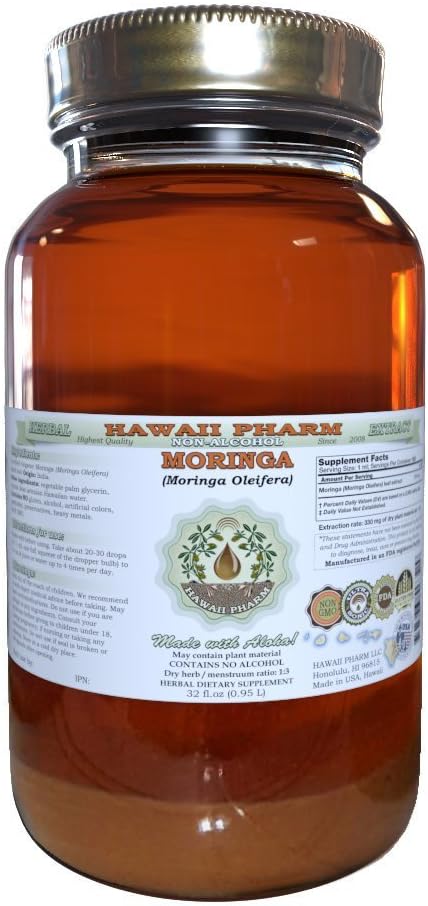 Hawaii Pharm Moringa Alcohol-Free Liquid Extract, Moringa (Moringa Oleifera) Leaf Glycerite Natural Herbal Supplement, USA 32 oz Ongefilterd