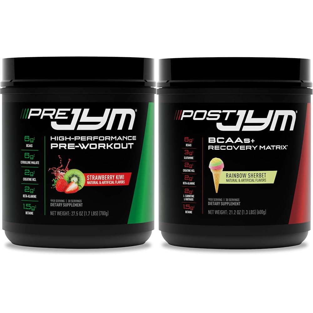 JYM Supplement Science PRE JYM 30 Servers - Strawberry Kiwi & - Post-workout met BCAA's, Glutamine, Creatine HCL, Beta-Alanine, en meer Regenboog Sherbert Flavor, 30 Servings, 21,2 oz.