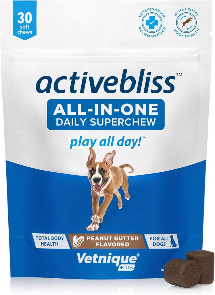 Vetnique Labs Activebliss Honden Multivitamine - Dagelijkse behandeling met Glucosamine, Omega 3, Digestieve Enzymen & Probiotica voor Gezamenlijke, Digestieve, & Immuun Ondersteuning - Hondenvitaminen voor Optimale Gezondheid, 30 Tel.