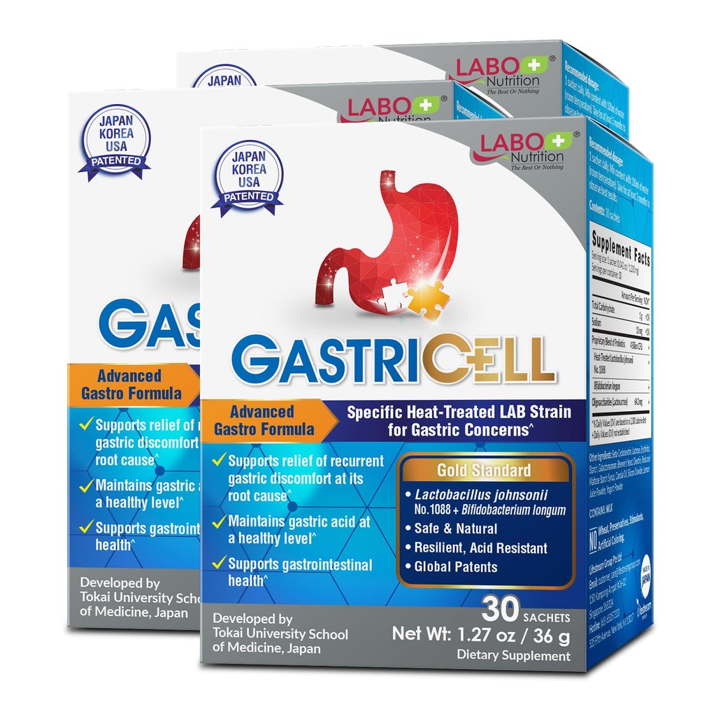 LABO Nutrition GASTRICELL - Acid Reflux, Heartburn, Recurring Gastric Discomfort, Natural Defence Against Gastric Distress 30 sachets x3