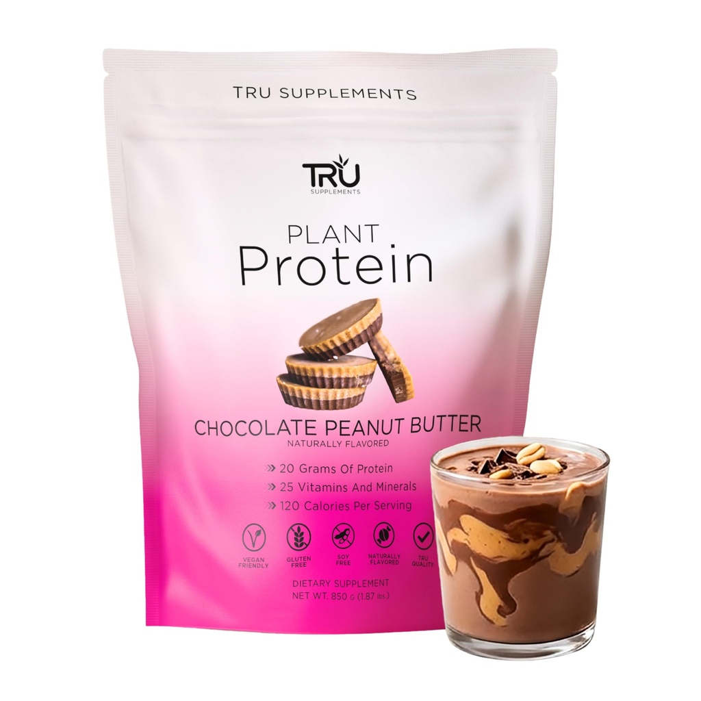 TRU Supplementen Plant Based Protein Powder, BCAA, EAA, 20g Vegan Bruin Rijst & Pea Proteïne, 100 Calorieën, 27 Vitaminen, Geen Kunstmatige Smaken 25 Servers (Chocolaat Pindakaas)