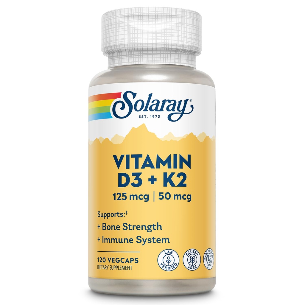 SOLARAY Vitamine D3 K2 - Bone Health and Immune Support Supplement - Met 5000 IE vitamine D als Vit D3 en 50 mcg vitamine K2 als Menochinon MK7, Made Without Soy, 60-Day Garantie, 120 Serv, 120 VegCaps
