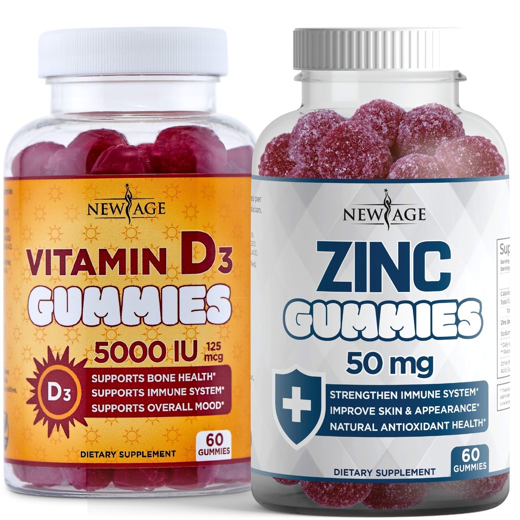 NIEUWE AGE Immune Defense Combo - 2 Pack - Vitamine D3 Gummies 5000 IE 125mcg & High Potency Zink Gummies, Immune Booster 120 Tel.