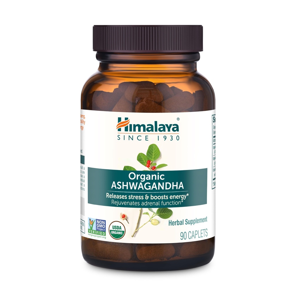 Himalaya Organic Ashwagandha, 90 Day Supply, Herbal Supplement voor Stress Relief, Energy Support, Occasional Slapeloosheid, USDA Certified Organic, Non-GMO, Vegan, Glutenvrij, 670 mg, 90 Caplets