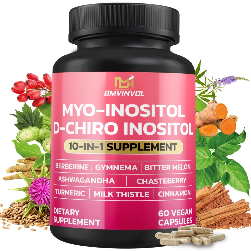 BMVINVOL Inositol Supplement - Myo-Inositol en D-Chiro Inositol Ideaal 40:1 Ratio - Plus Berberine, Kaneel, Ashwagandha + 5 Meer - 60 Capsules