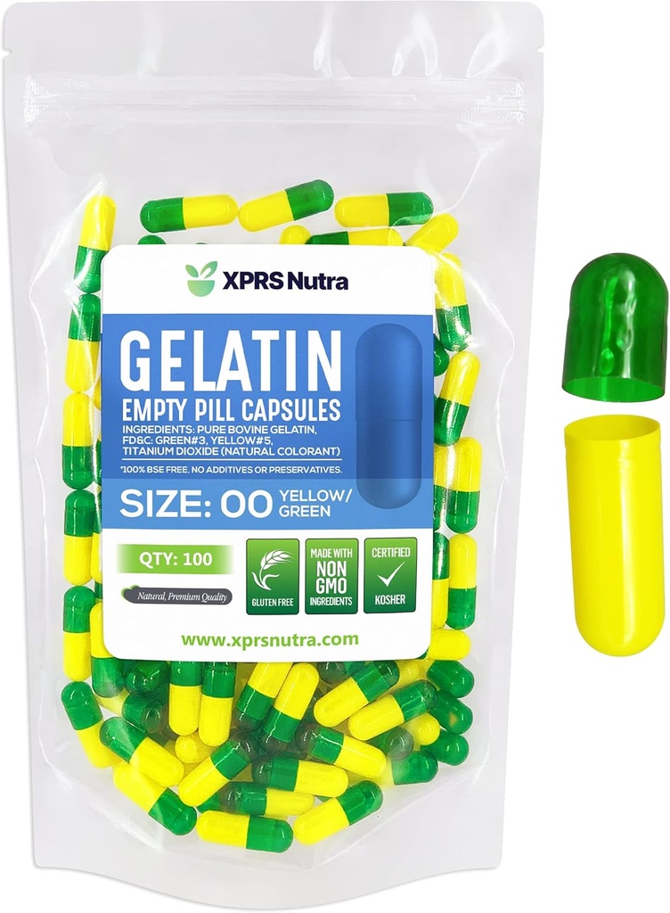 XPRS Nutra Size 00 Empty Capsules - 100 Count Empty Gelatin Capsules - Pills DIY Capsule Filling - Fillable Pill Gel Caps for Do-It-Yourself Supplements (Green/Yellow)