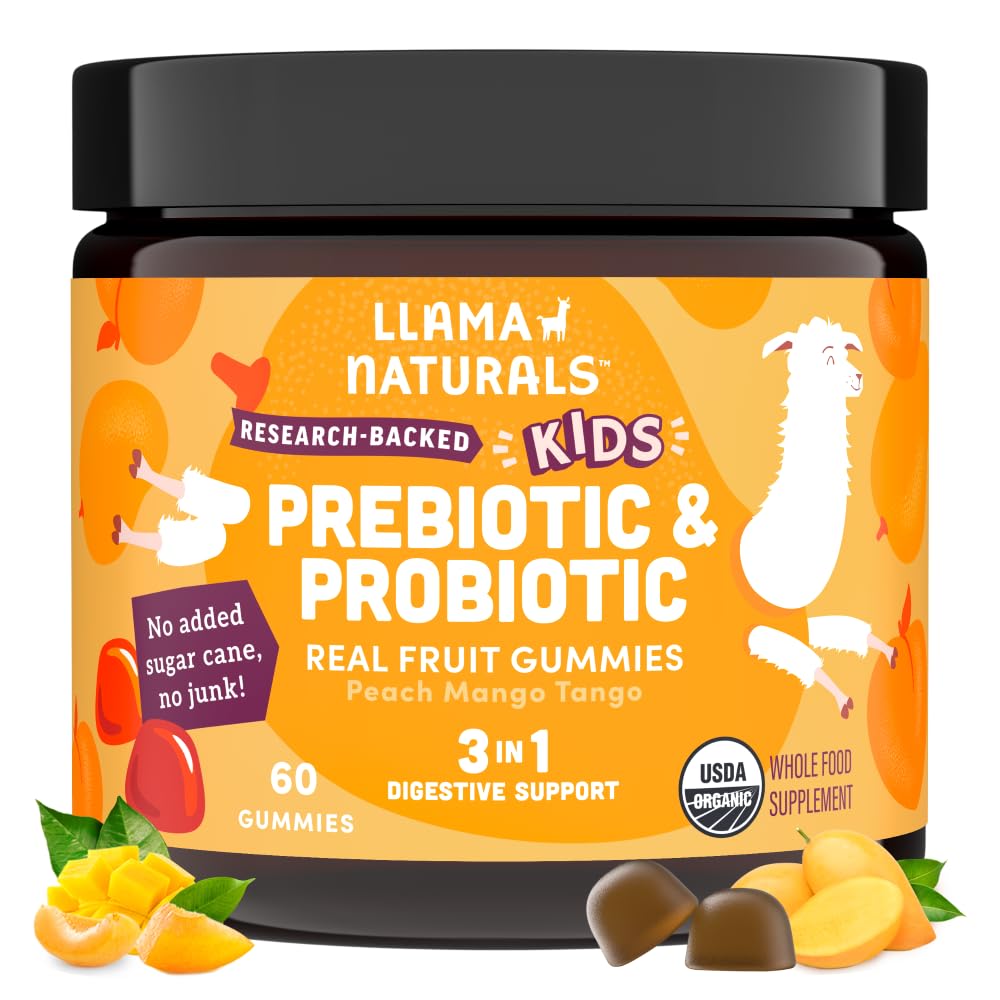 Llama Naturals Kids Probiotic with Prebiotic Fiber, Vegan, Organic Prebiotics and Probiotics Gummies for Gut Health Support, Toddler Real Fruit Gummy Vitamins, No Added Sugar Cane, Peach Mango, 60 Ct