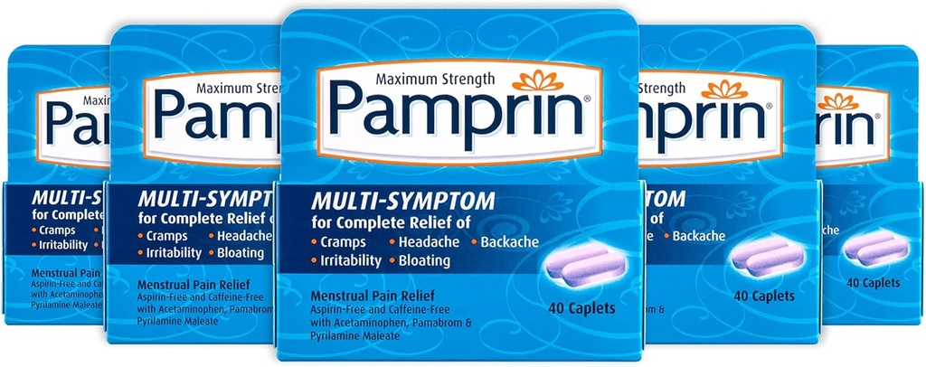 Pamprin Multi-Symptoom Formula, met Acetaminophen, Menstruele periode Symptomen Verlichting met inbegrip van krampen, pijn, irriteerbaarheid en opgeblazen gevoel, 40 Caplets (pakket van 5)