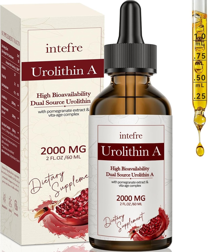 Urolithin A Liquid Drops 2000mg, Urolithin Een supplement met granaatappel Extract, Vita-Age Complex, Ondersteunt gezonde veroudering & cel reparatie, 60ml