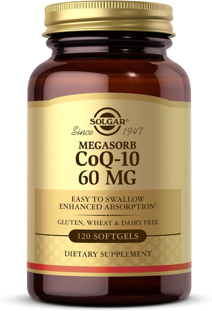 Solgar Megasorb CoQ-10 60 mg, 120 Softgels - Ondersteunt hart en hersenen Gezondheid - Co-enzym Q10 supplement - Verbeterde absorptie, gemakkelijk doorslikken - Glutenvrij, zuivelvrij - 120 porties