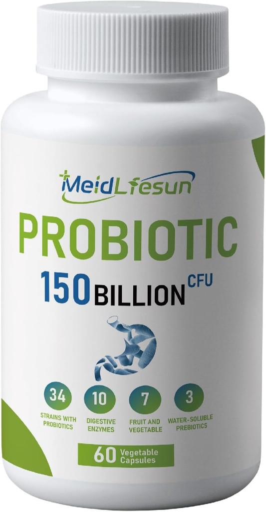 Biologische Probiotica en Prebiotica,150 Miljard CFU 34 Strains, Digestieve Enzymen,voor Mannen en Vrouwen, 60 Vegan Capsules voor Gut Health & Digestieve Ondersteuning, Non-GMO, Glutenvrij