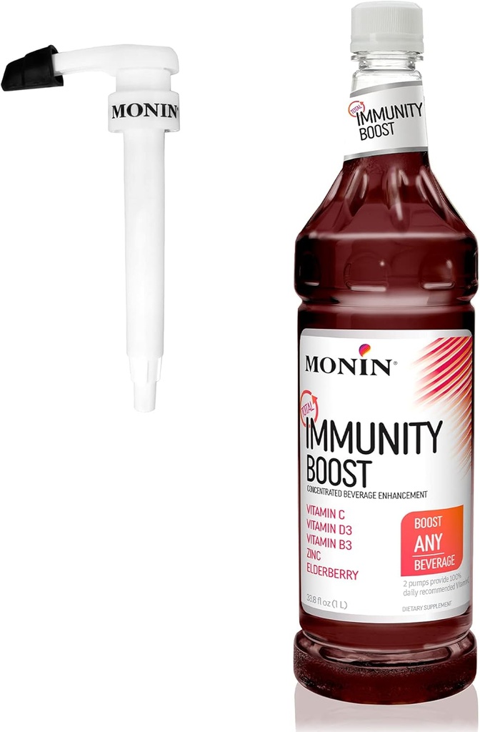 Monin - Total Immunity Boost, Immune Support Supplement, Liquid Blend of Vitamins, Minerals, & Antioxidants, Immune Boosting Vitamin C & D + Vlierberry, For All Dranks, Low Calorie (1 Liter + Pump)