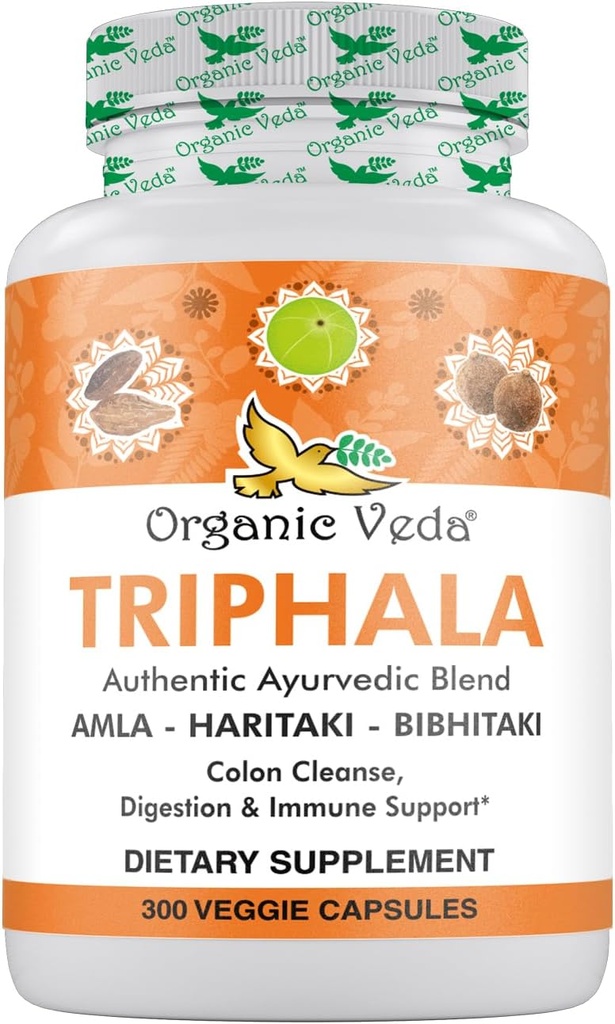 Biologische Veda Triphala Poeder 300 Capsules, 1000mg - Biologische Triphala Supplement voor Colon Reiniging, Immune, Gut & Digestie Gezondheid - Hele Groene Antioxidanten Amla, Haritaki & Bibhitaki - Vegan Pillen