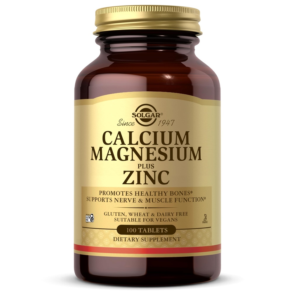 Solgar Calcium Magnesium Plus Zinc, 100 Tablets - Promotes Healthy Bones and Teeth - Supports Nerve & Muscle Function - Non-GMO, Vegan, Gluten Free, Dairy Free, Kosher - 33 Servings