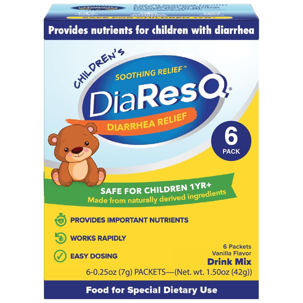 DiaResQ Diarhea & Immune Support Colostrum Drink Mix voor kinderen (1+ jaar) Pack van 6, verzachtende verlichting, helpt herstellen Normale Intestinale Functie, Antibiotica & Drugvrij, Glutenvrij, Vanille smaak