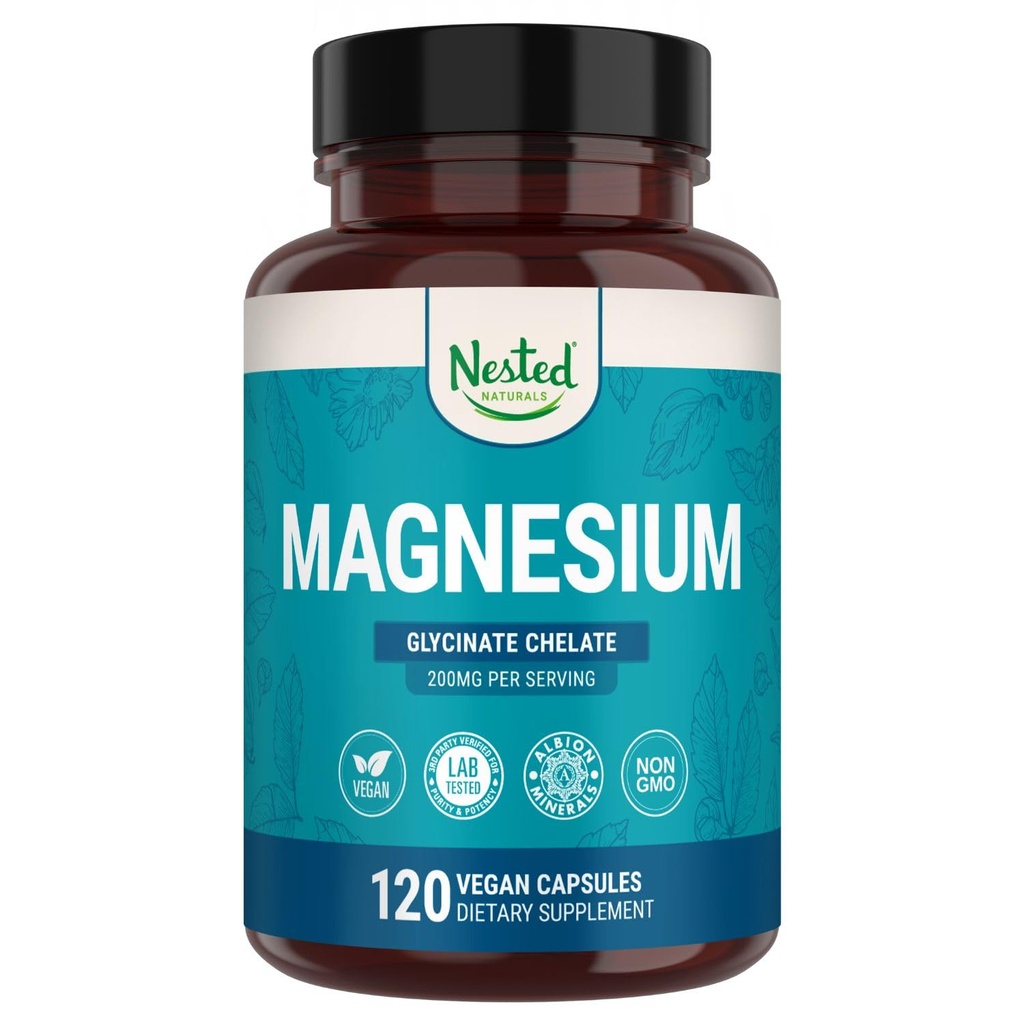 Nested Naturals Magnesium Glycinate Chelate - 200mg chelated Magnesium Supplement voor spierkrampen, ontspannen, en slaapondersteuning - 100% Albion TRACCS gebufferd Magnesium Glycinate - 120 Vegan Capsules