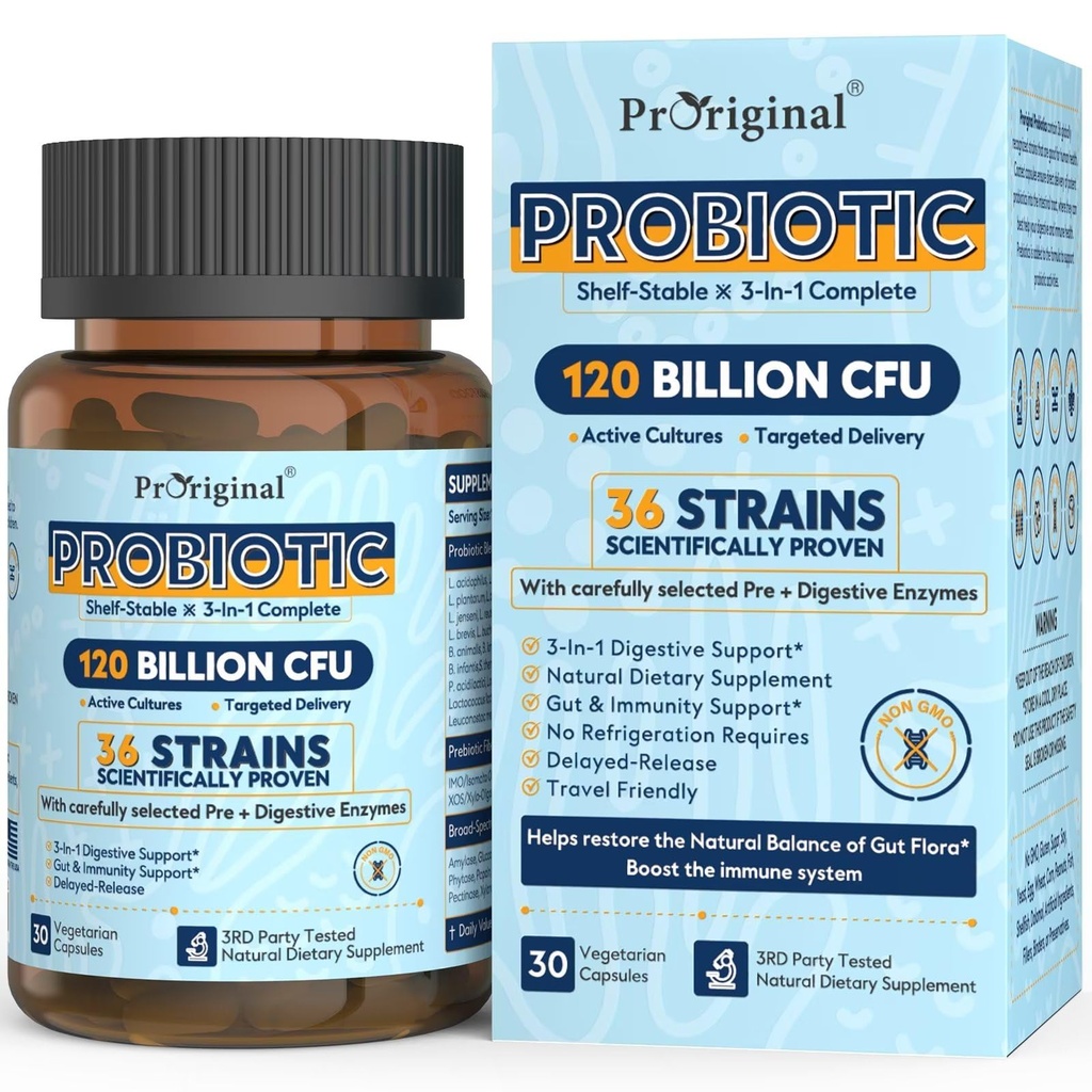 Probiotica voor vrouwen & mannen 120 miljard CFU met 36 probiotische strains voor spijsverterings- en darmgezondheid, vertraagde afgifte Capsules, maagzuurbestendig, geen behoefte aan koeling 30 capsules