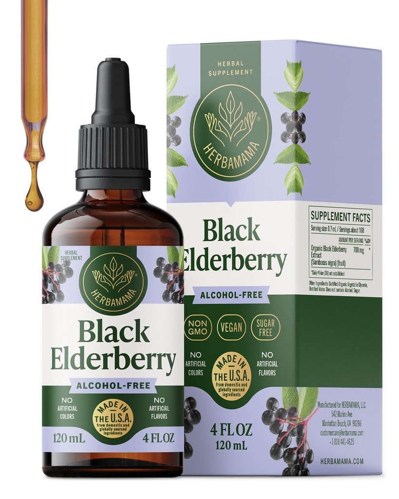 HERBAMAMA Zwarte vlierbessendruppels - Vegan Vlierbes Liquid Extract voor Immune Support - Non-GMO, Alcohol & Sugar-Free Immunity Supplement, 42-Day Supply
