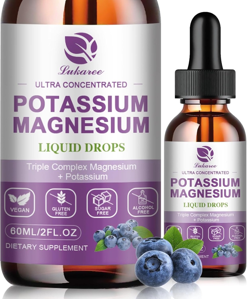 Kalium Magnesium Supplement Liquid w/Triple Complex Magnesium Glycinate & Kalium Plus Omega 3, Sea Moss, Black Seed, D3K2 & Calcium voor Zzz, Leg Cramps & Muscle-2 FL OZ Drop