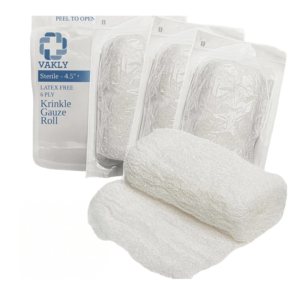 Vakly Steriele Krinkle Kerlix Type Gauze Bandage Rolls [5 Pack] Zeer Absorberende Fluff 100% Katoen Bandages Roll 4.5"x4.1yds 6-Ply - Individually Wrapped Mesh Gauzes + Medical Tape - Verpakking mei Vary