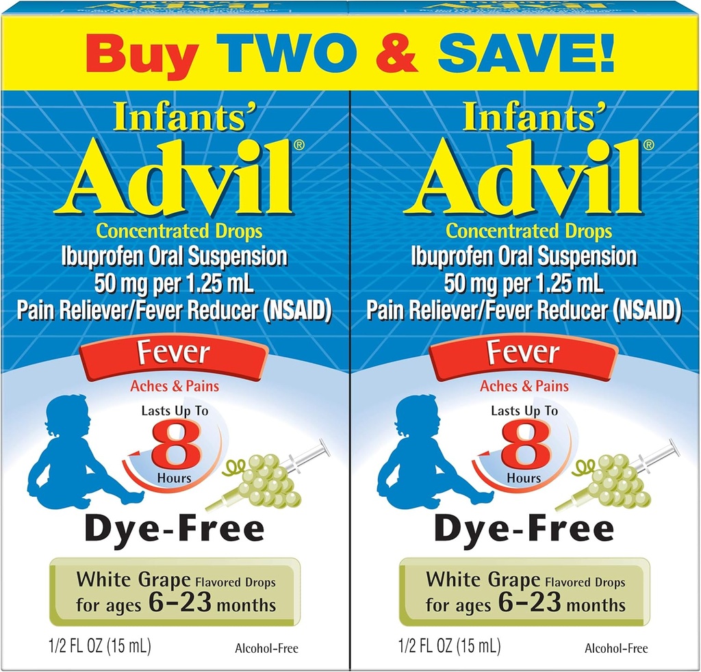Advil Fever Reducer/Pain Reliever Dye-Free, 50mg Ibuprofen Concentrated Drops (White Grape Flavor, 0,5 fl. oz. Fles, verpakking van 2)
