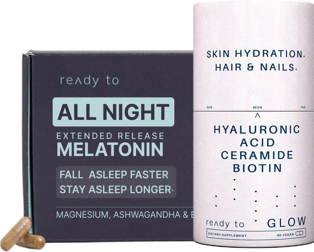 Huidhydratatie- en slaaphulpset: ondersteuning tegen veroudering en slaap met hyaluronzuur, ceramiden, antioxidanten, melatonine en ashwagandha 