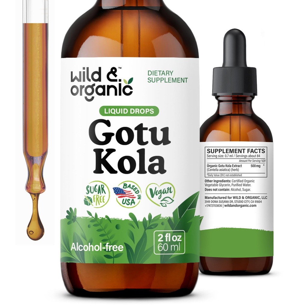 Wild & Organic Gotu Kola Herb Tinctuur - Hersenondersteuning - Gotu Kola Liquid Extract Drops - Vegan, Sugar & Alcohol-Free Centella Asiatica Supplement - 2 fl oz