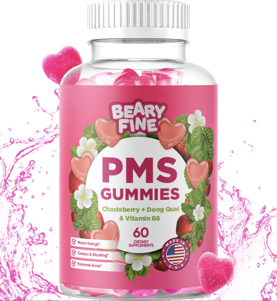 PMS Gummies - PMS Vitamines for Women & Teens - PMS Periode Relief - Cramping, Bloating, Mood Swings - Made in The USA (Strawberry, 60 Count)