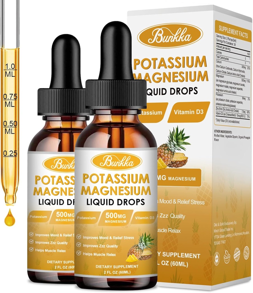 (2 Pack) Potassium Magnesium Supplement, Magnesium Potassium Supplements with Calcium, Vitamin D3, Zinc, Sugar Free & Vegan Liquid Drops Supplement for Leg Cramps, Energy, for Adult and Kid
