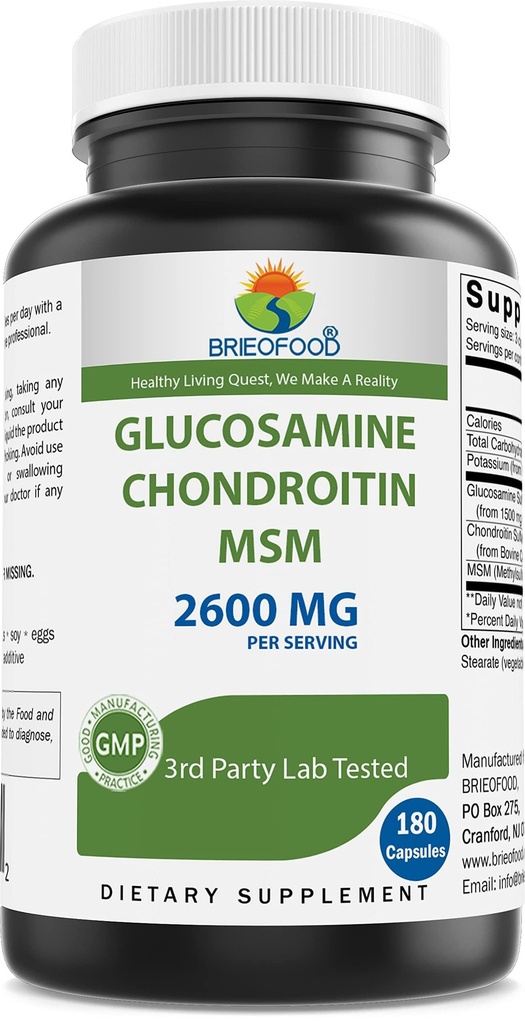 Brieofood Triple Strength Glucosamine Chondroitin MSM 2600mg/Serving Capsules, Ondersteunt gezonde gewrichts-, cartilage- en connectief weefsel - bevordert Joint Comfort & Flexibiliteit 180 Tel.