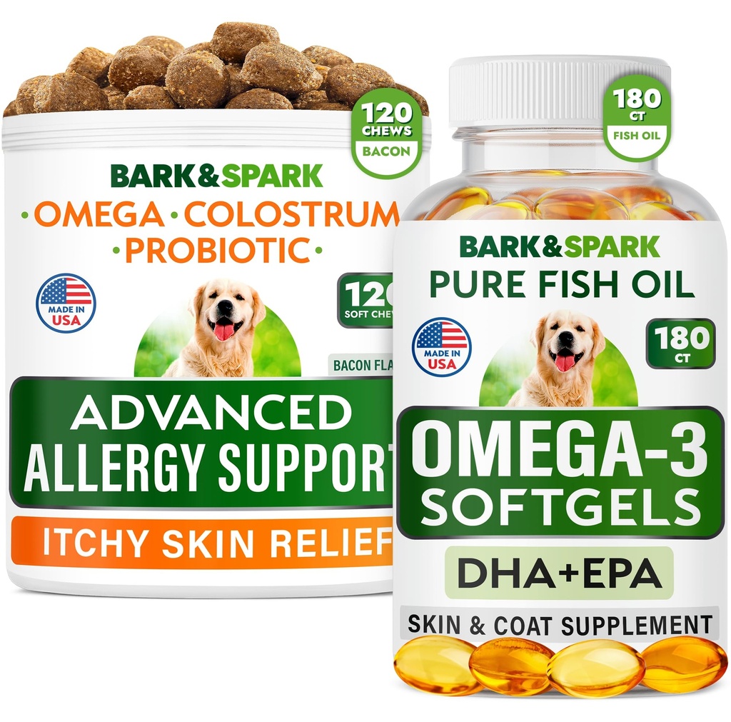 Geavanceerde hondenallergie + Omega 3 Bundel - Itch Relief - Probiotica w/Fish Oil Omega 3 + EPA&DHA vetzuur - Huidallergieën + Joint Health - 120 Kauwen + 180 Softgels - Bacon + Vissmaak - Made in USA