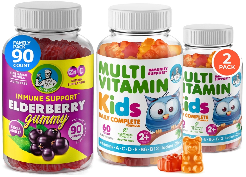 Kinderen Multivitamine Gummies 14 Essentiële Vitaminen en Vlierbessen Gummies voor kinderen en volwassenen Vitamine A, C, D, E Vegetarische B6 & B12, Zink, Biotin Gummy Multivitaminen voor kinderen + Immuun ondersteuning
