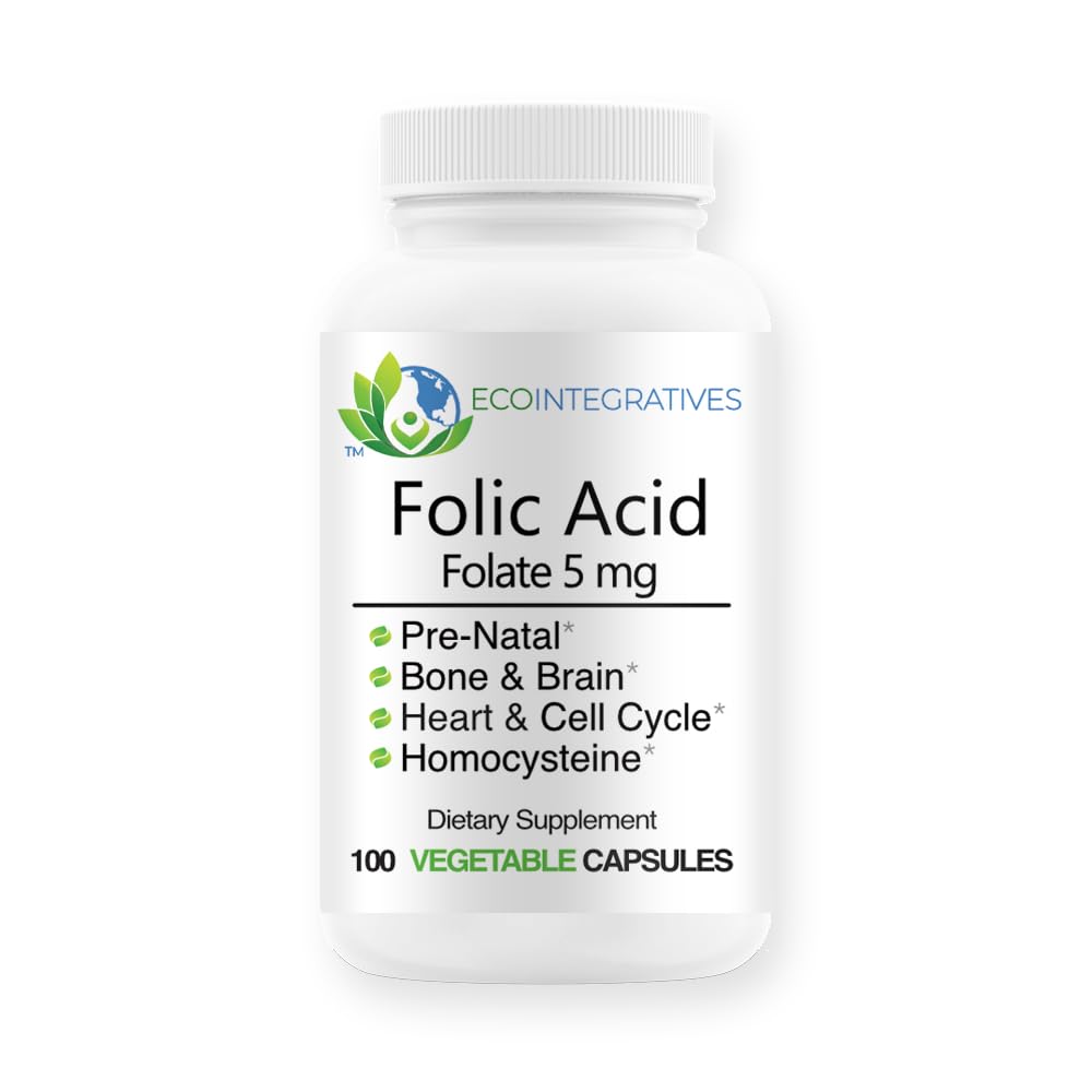 Foliumzuurfolaat 5mg (B9) Prenatale, Reproductieve Gezondheid, Homocysteïne, Metabolisme, Cardiovasculaire, Bot, Immuun Ondersteuning, Allergenen Vrij, Niet GGO - 100 Vegan Capsules