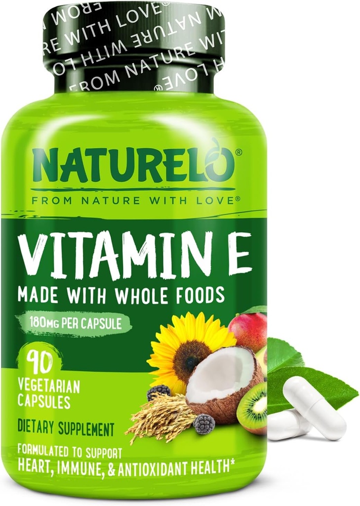 NATURELO Vitamine E - 180 mg (300 IE) van natuurlijke gemengde tocoferolen van biologische Whole Foods - Supplement voor gezonde huid, haar, nagels, Immune & Eye Health - Non-GMO, Soy Free - 90 Vegan Capsules