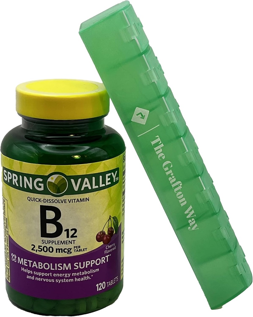 Spring Valley Vitamine B12 Quick-dissolve tabletten Dieetsupplement, 2.500 Mcg, Cherry Flavor, 120 Tellen met gratis Grafton Way Pill Organizer