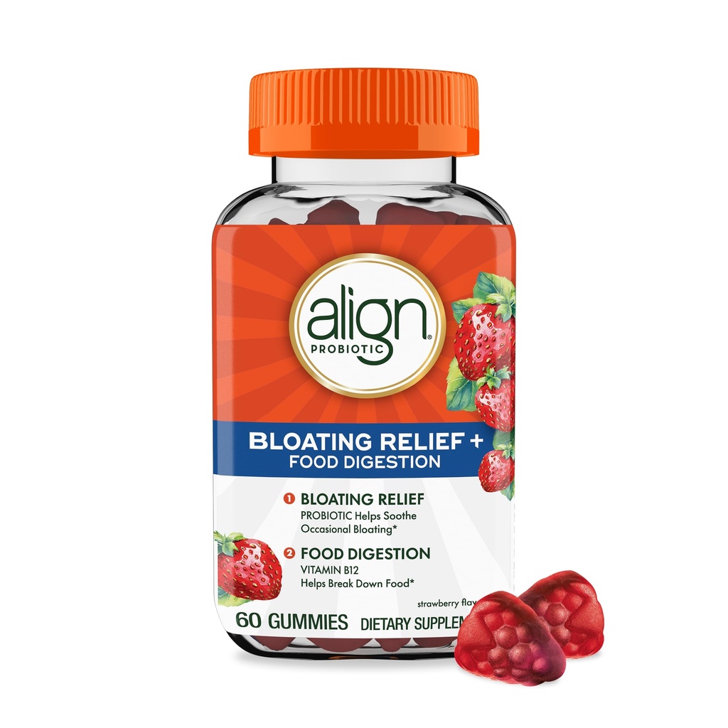 Uitlijnen Probiotica, Bloating Relief + Food Digestie, Probiotica voor vrouwen en mannen, Probiotica helpt kalmeren Occasional Bloating*, met vitamine B12 om voedsel te breken in cellulaire energie*,60 Gummies