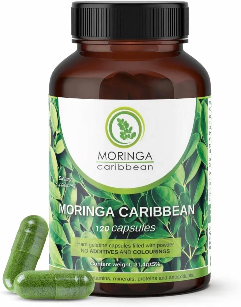 Moringa Premium 100% Pure Powder Capsules - Vegan, GGO Free, Green Superfood, Bevat Calcium, Magnesium, Vitamine C, Vitamine B3, Vitamine A, Antioxidanten - Energie, Metabolisme, Immune Support -120 st.