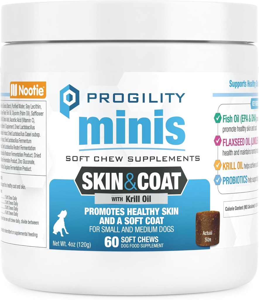 Nootie Progility Mini Skin & Coat Supplement for Small Dogs, Fish Oil Supports Healthy Skin & Coat, 60 Soft Chews per Container